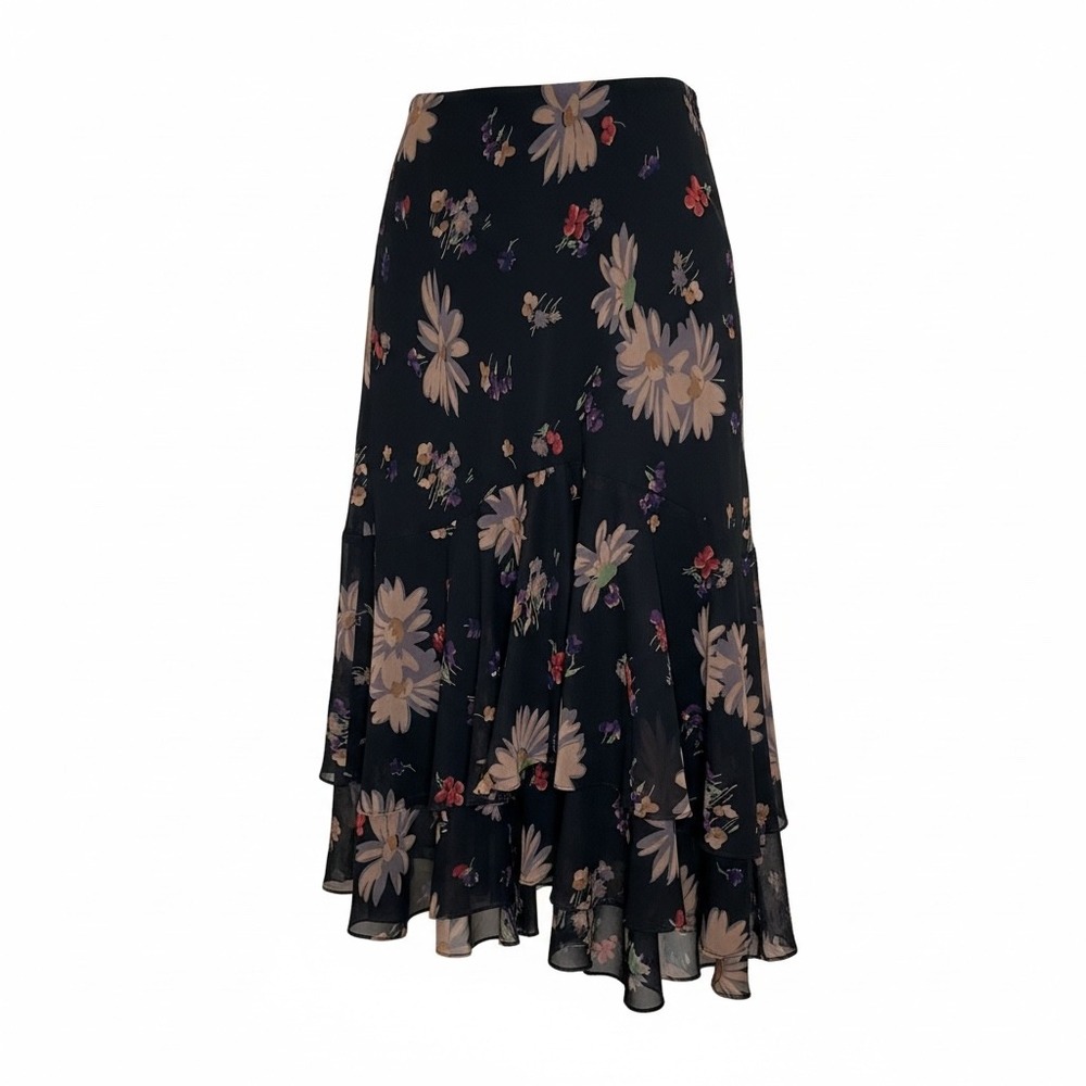 American Living Skirt Women L Black Floral Tiered Ruffle Chiffon Midi Skirt